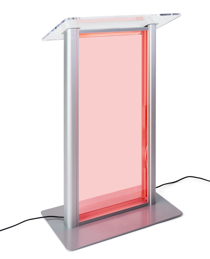 LED Illuminated Acrylic and Aluminum Podium, clear, lit red