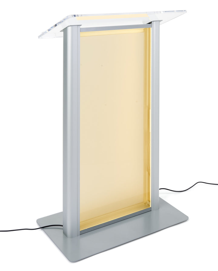 LED Illuminated Acrylic and Aluminum Podium, frosted, lit amber