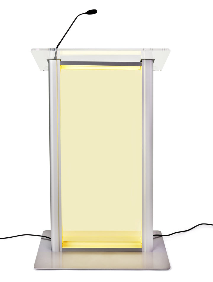 LED Illuminated Acrylic and Aluminum Podium, clear, lit yellow