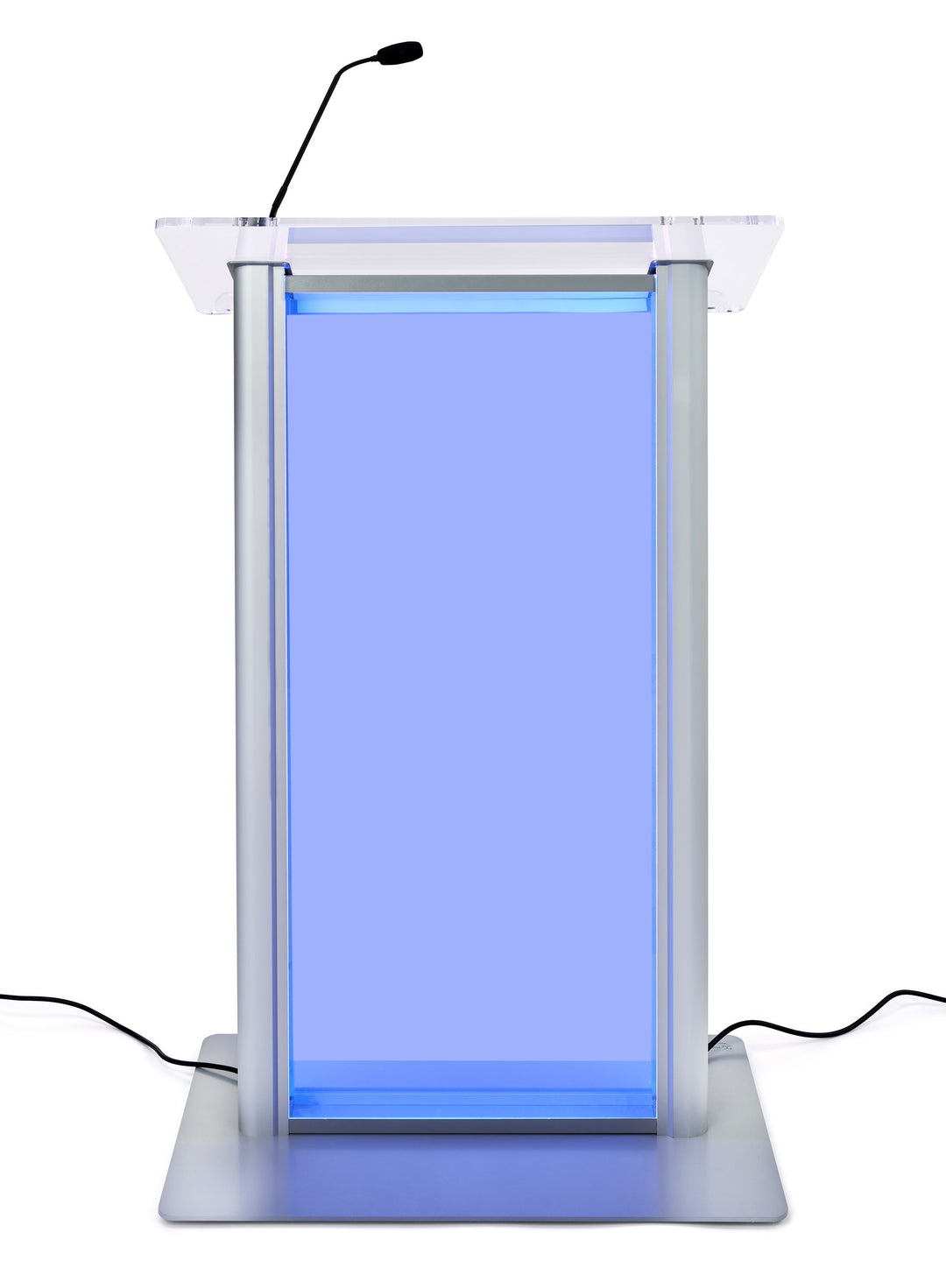 LED Illuminated Acrylic and Aluminum Podium, frosted, lit blue