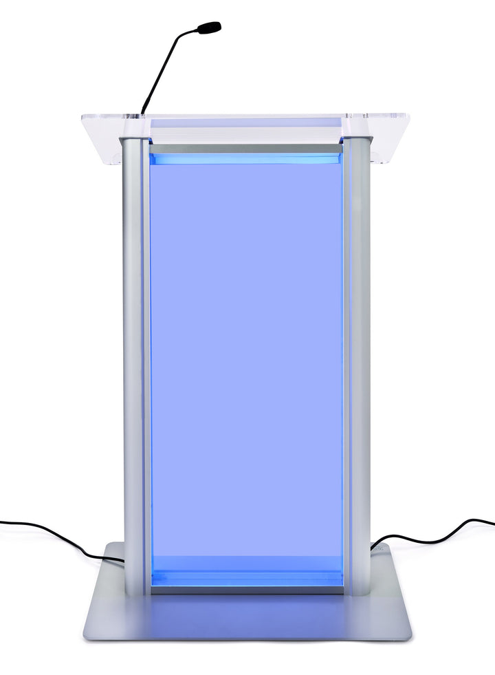LED Illuminated Acrylic and Aluminum Podium, frosted, lit blue