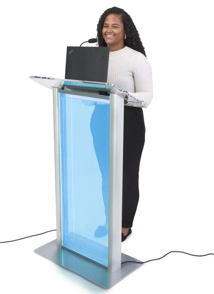 LED Illuminated Acrylic and Aluminum Podium, clear, in use