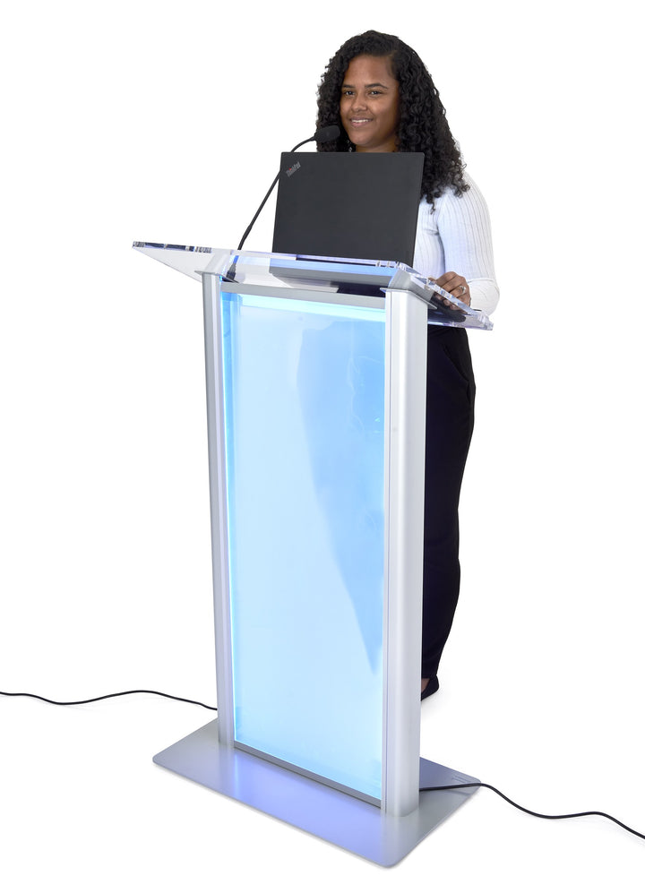 LED Illuminated Acrylic and Aluminum Podium, frosted, in use