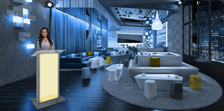 LED Illuminated Acrylic and Aluminum Podium, in an event space
