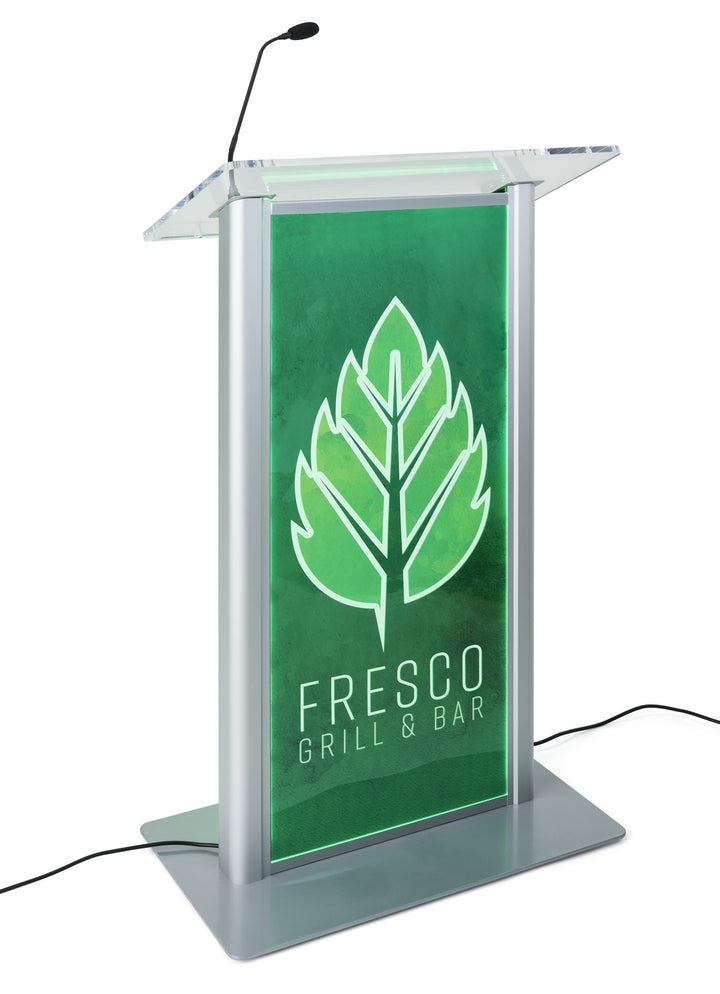 LED Illuminated Acrylic and Aluminum Podium with custom logo, clear, full-color logo, lit green