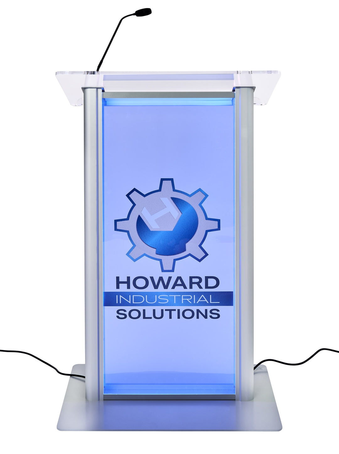 LED Illuminated Acrylic and Aluminum Podium with custom logo, frosted, full-color logo, lit blue