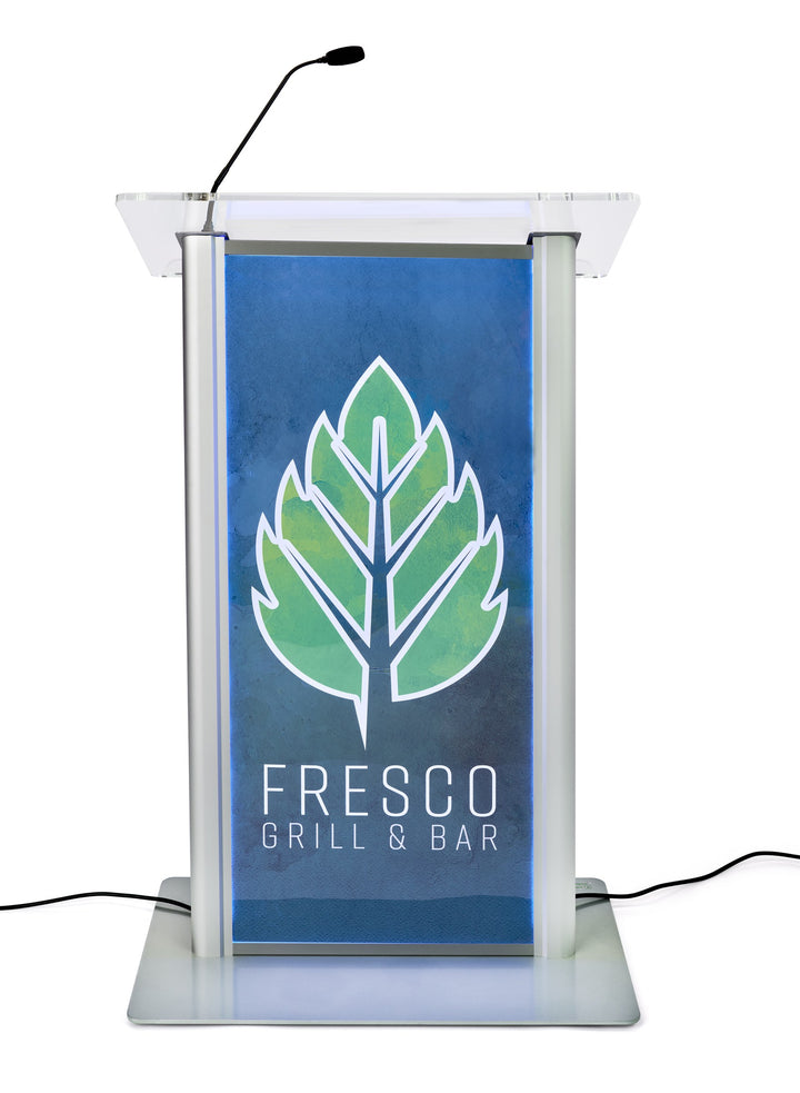 LED Illuminated Acrylic and Aluminum Podium with custom logo, clear, full-color logo on blue background