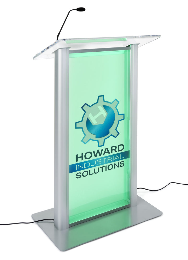 LED Illuminated Acrylic and Aluminum Podium with custom logo, frosted, full-color logo, lit green