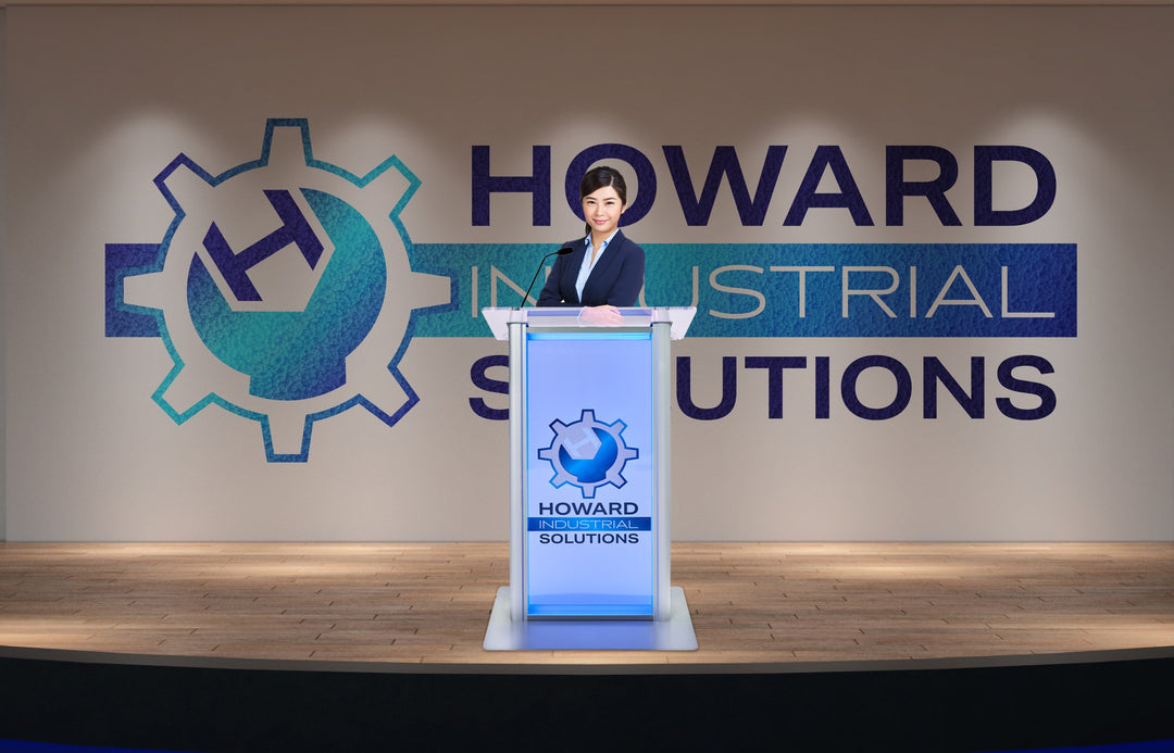 LED Illuminated Acrylic and Aluminum Podium with custom logo, on stage at a company event