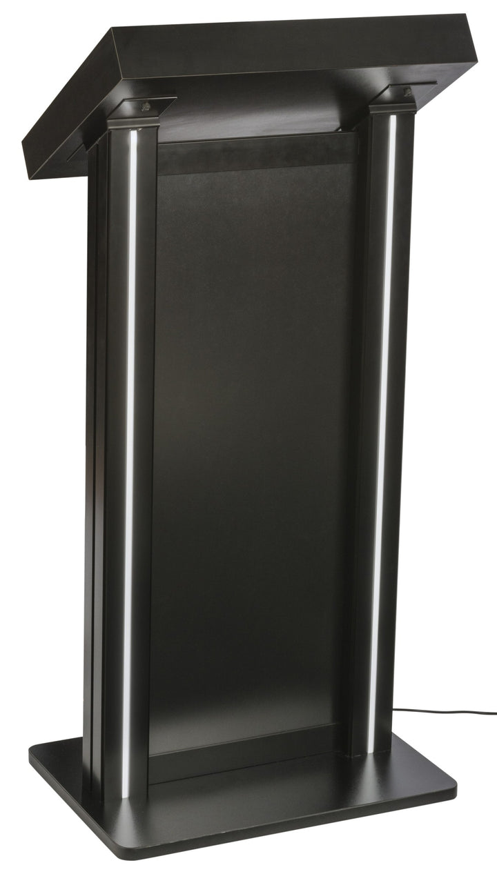 LED Lighted Lectern with Pull-Out Drawer, Black, front view with poster frame