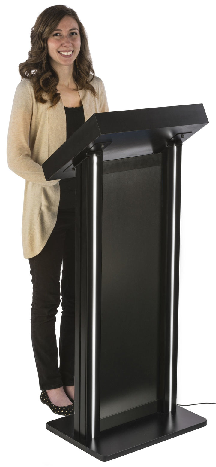 LED Lighted Lectern with Pull-Out Drawer, Black, in use