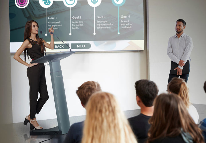 21.5" Touchscreen Smart Lectern, Height Adjustable: MAXHUB XE215CLB, in a classroom