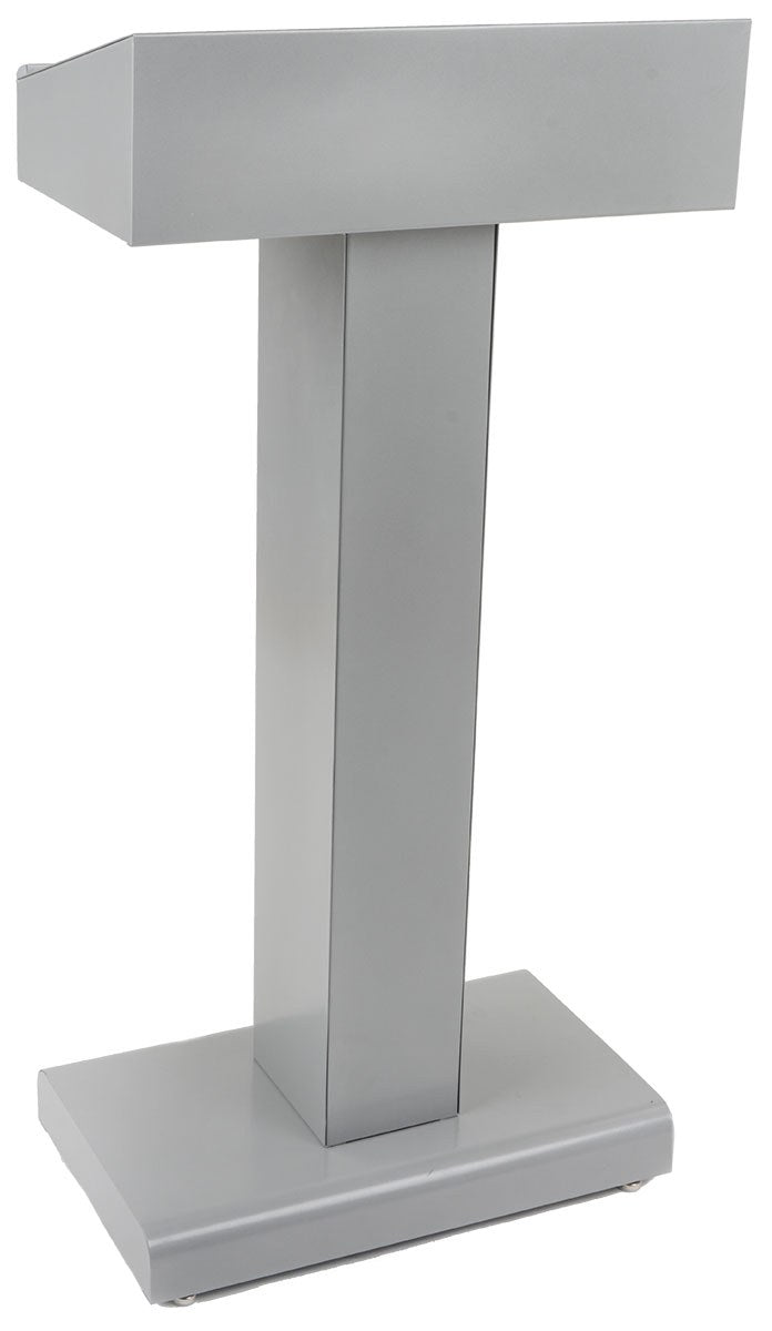 Metal Pedestal Lectern with Storage Shelf, silver, front view