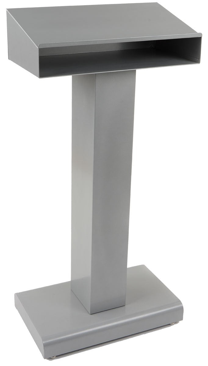 Metal Pedestal Lectern with Storage Shelf, silver, speaker side with shelf