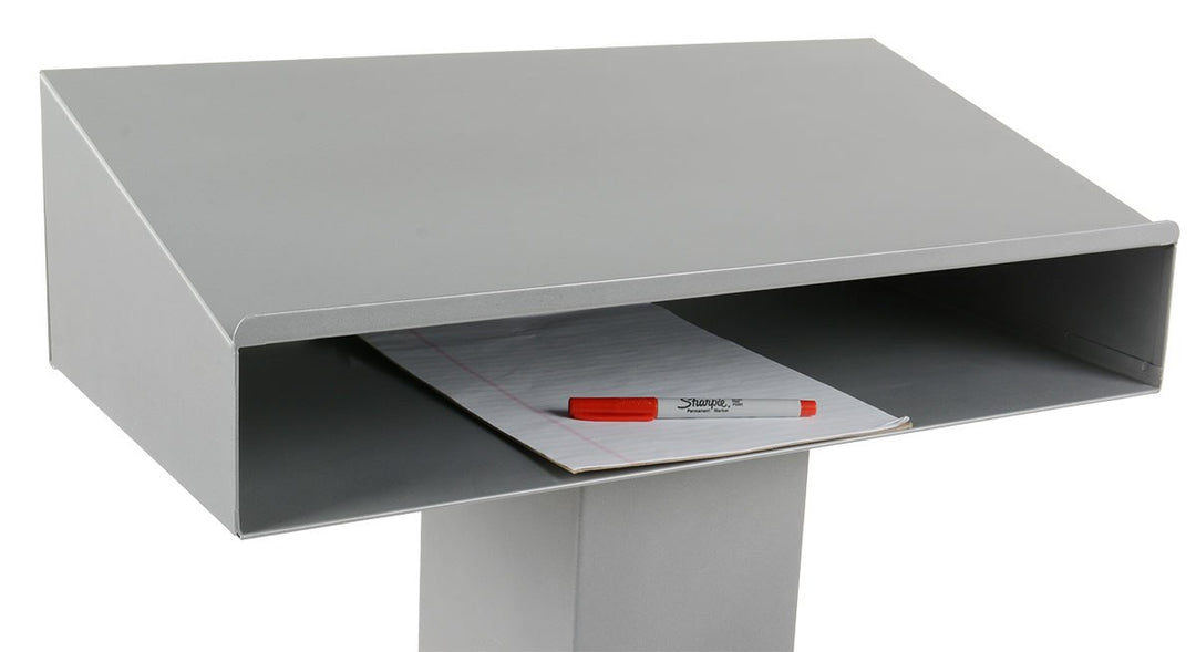 Metal Pedestal Lectern with Storage Shelf, silver, storage shelf