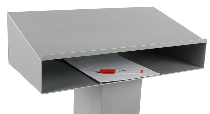 Metal Pedestal Lectern with Storage Shelf, silver, storage shelf