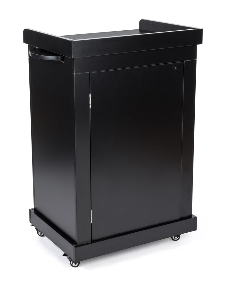 Mobile presentation lectern with locking cabinets, black