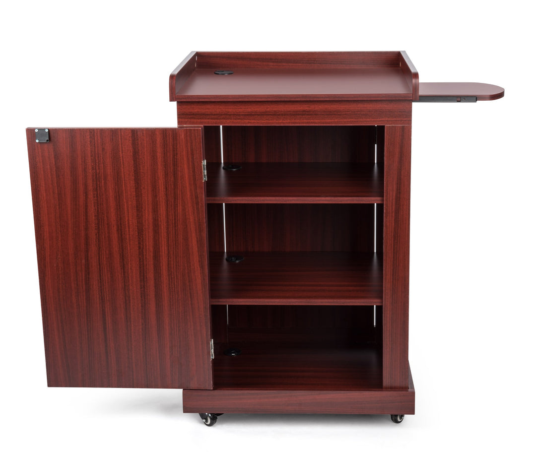 Mobile Presentation Lectern with Locking Cabinets, Mahogany, cabinet open with side shelf out