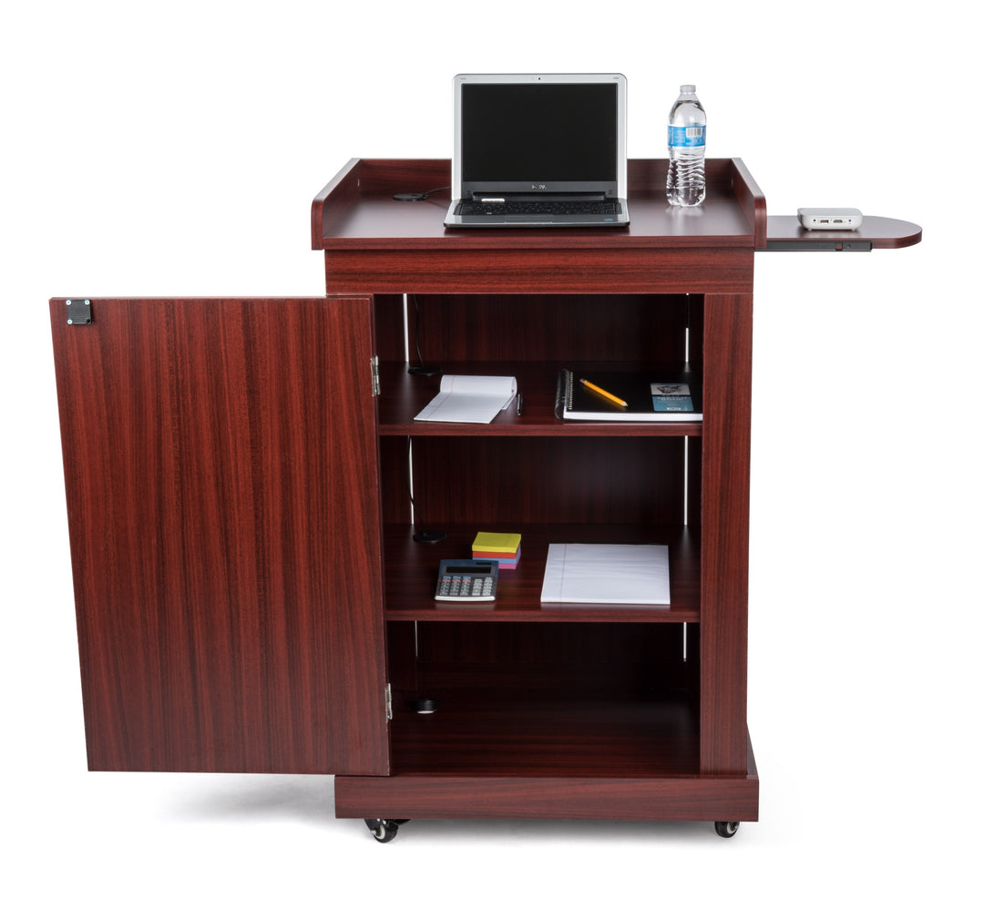 Mobile Presentation Lectern with Locking Cabinets, Mahogany, with laptop and supplies