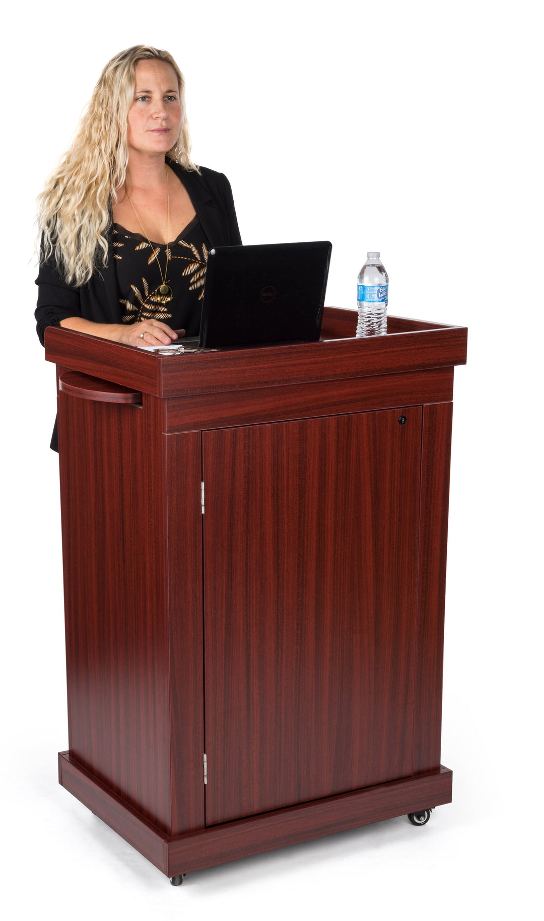 Mobile Presentation Lectern with Locking Cabinets, Mahogany, in use