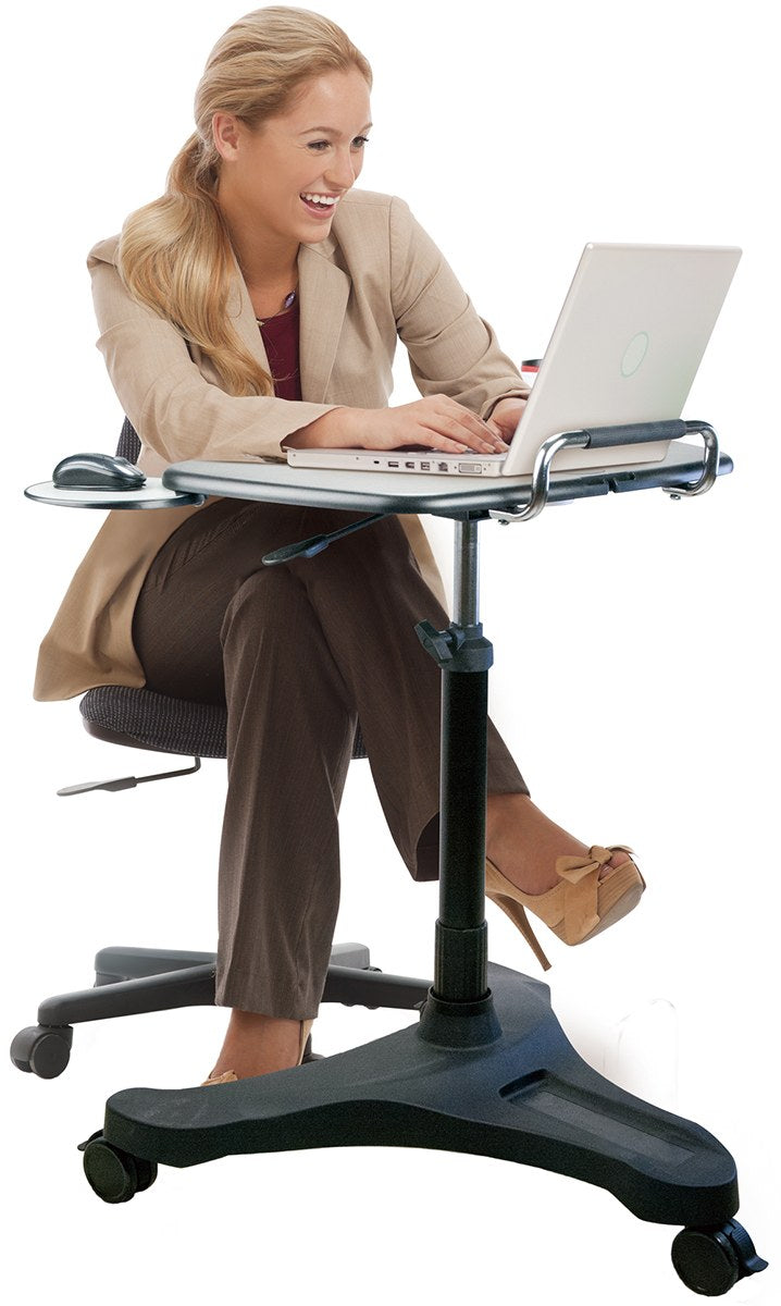 Mobile Sit-Stand Laptop Desk with Mouse Tray and Cup Holder, seated use
