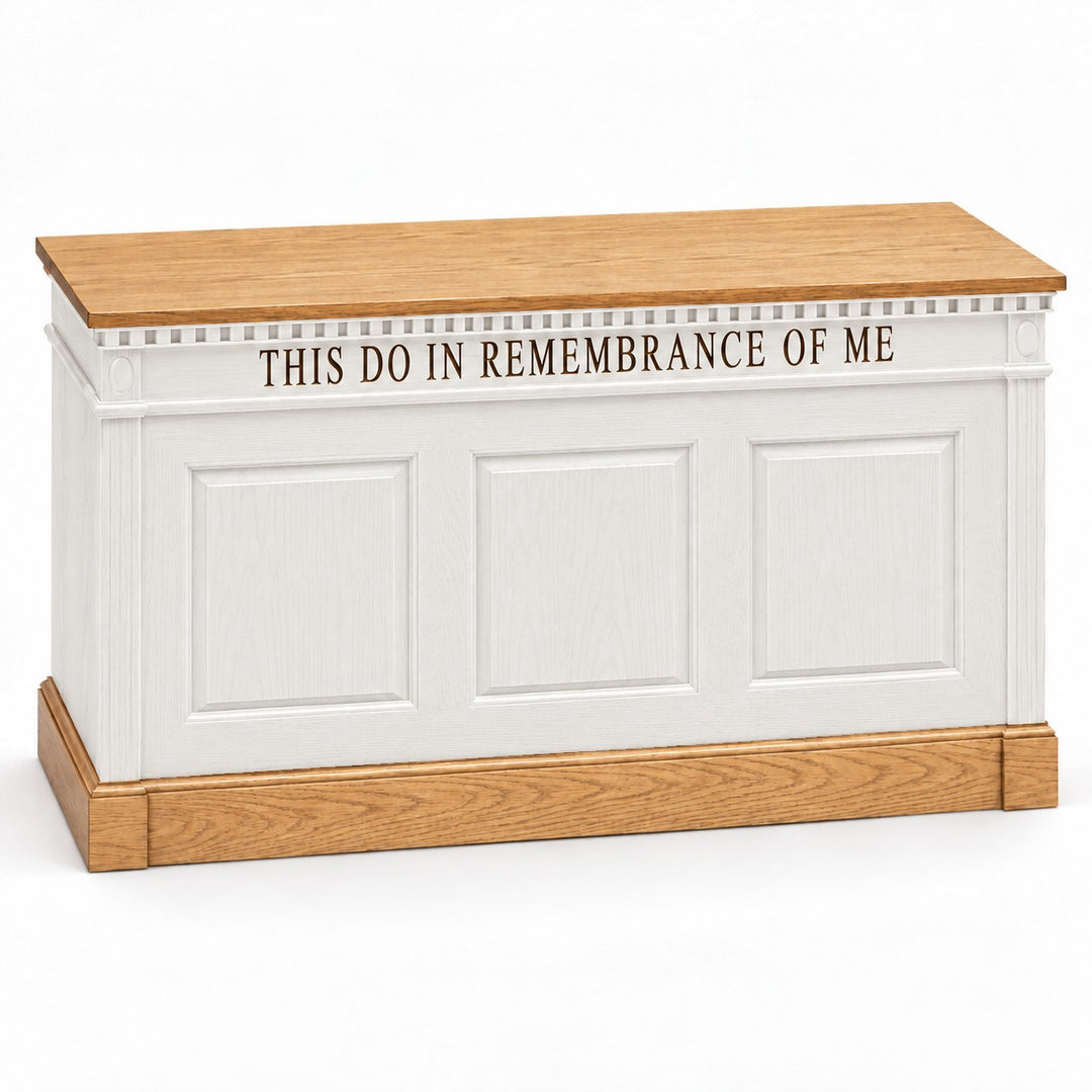 Solid Oak Colonial Dentil Closed Communion Table: NO 820 in Light Oak, White w/Stained Top & Base #pdvariant