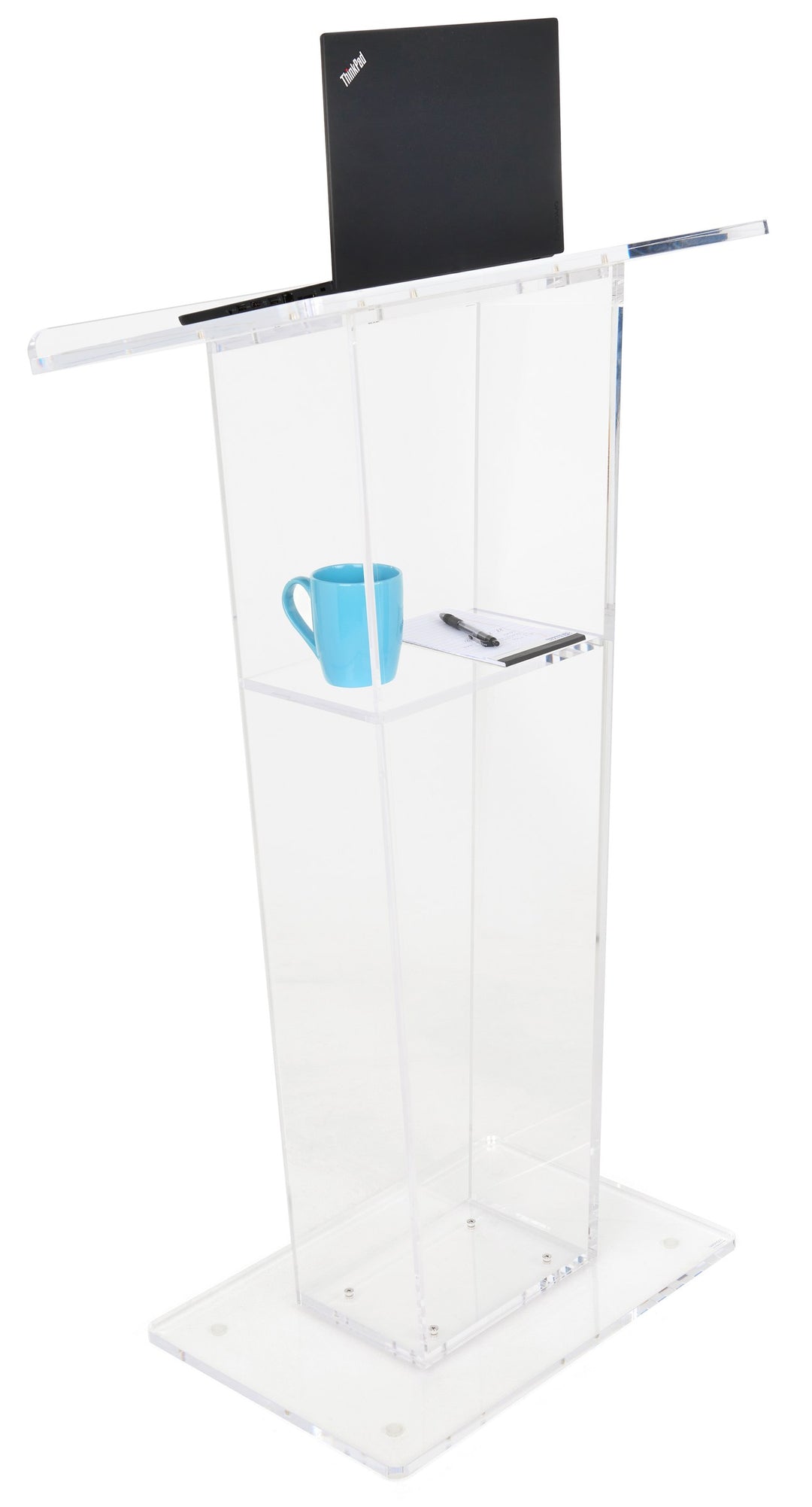 Clear Acrylic Lectern with Open Back and Shelf, with laptop and shelf in use