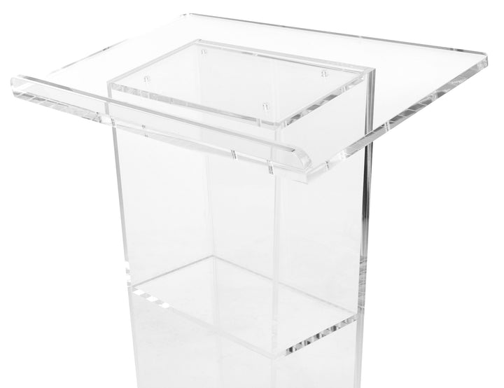 Clear Acrylic Lectern with Open Back and Shelf, reading surface