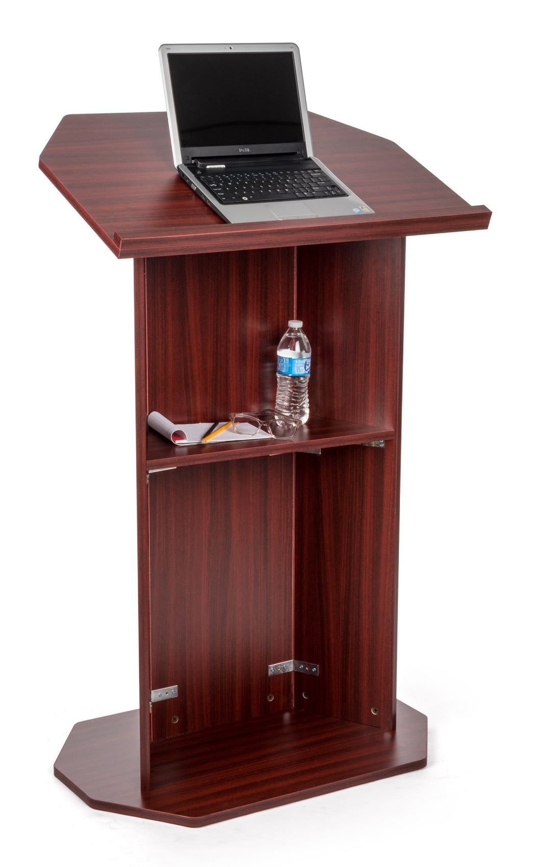 Portable Open-Back Presentation Lectern with Shelf, Mahogany, speaker side with shelf