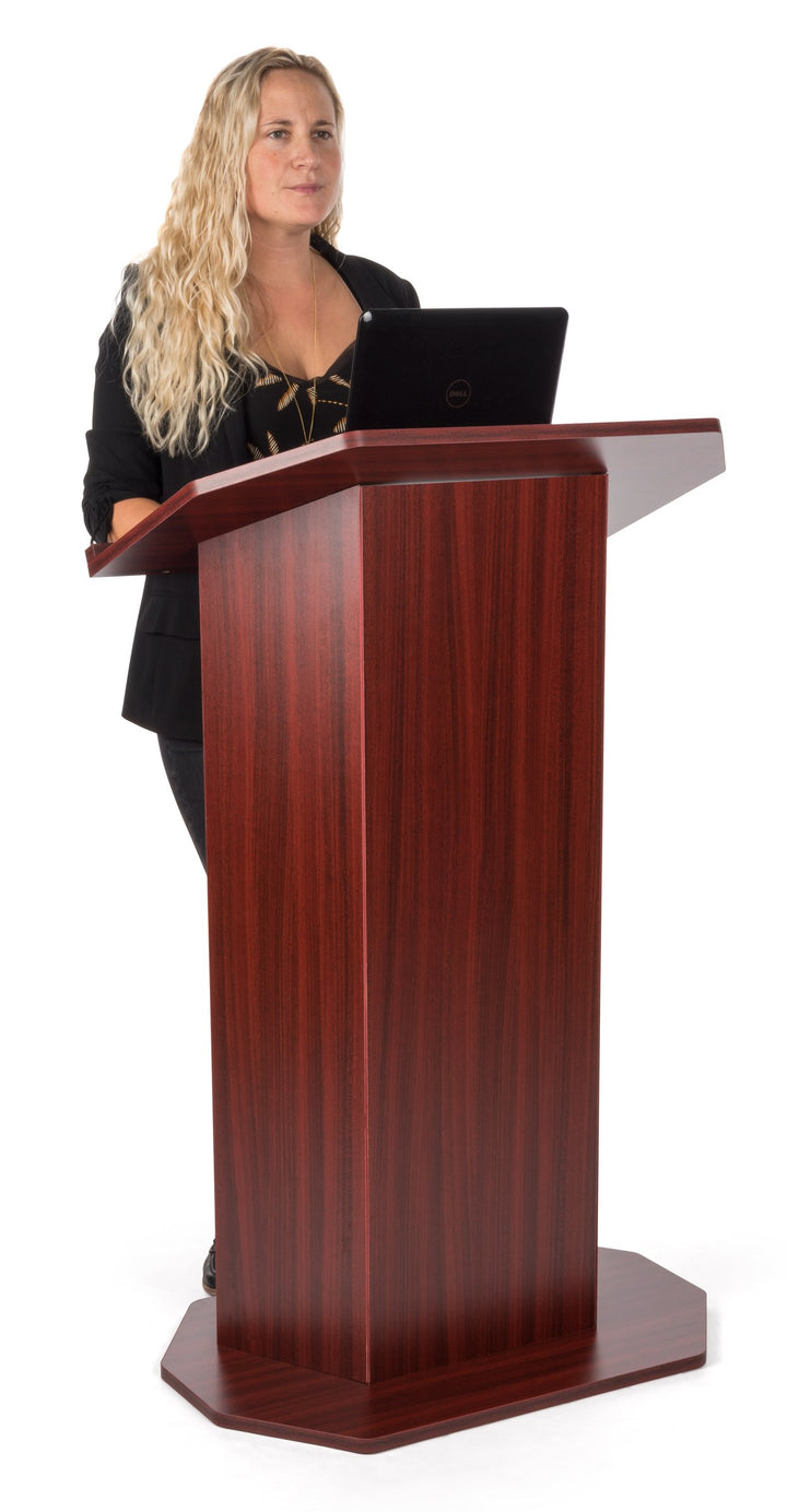 Portable Open-Back Presentation Lectern with Shelf, Mahogany, in use