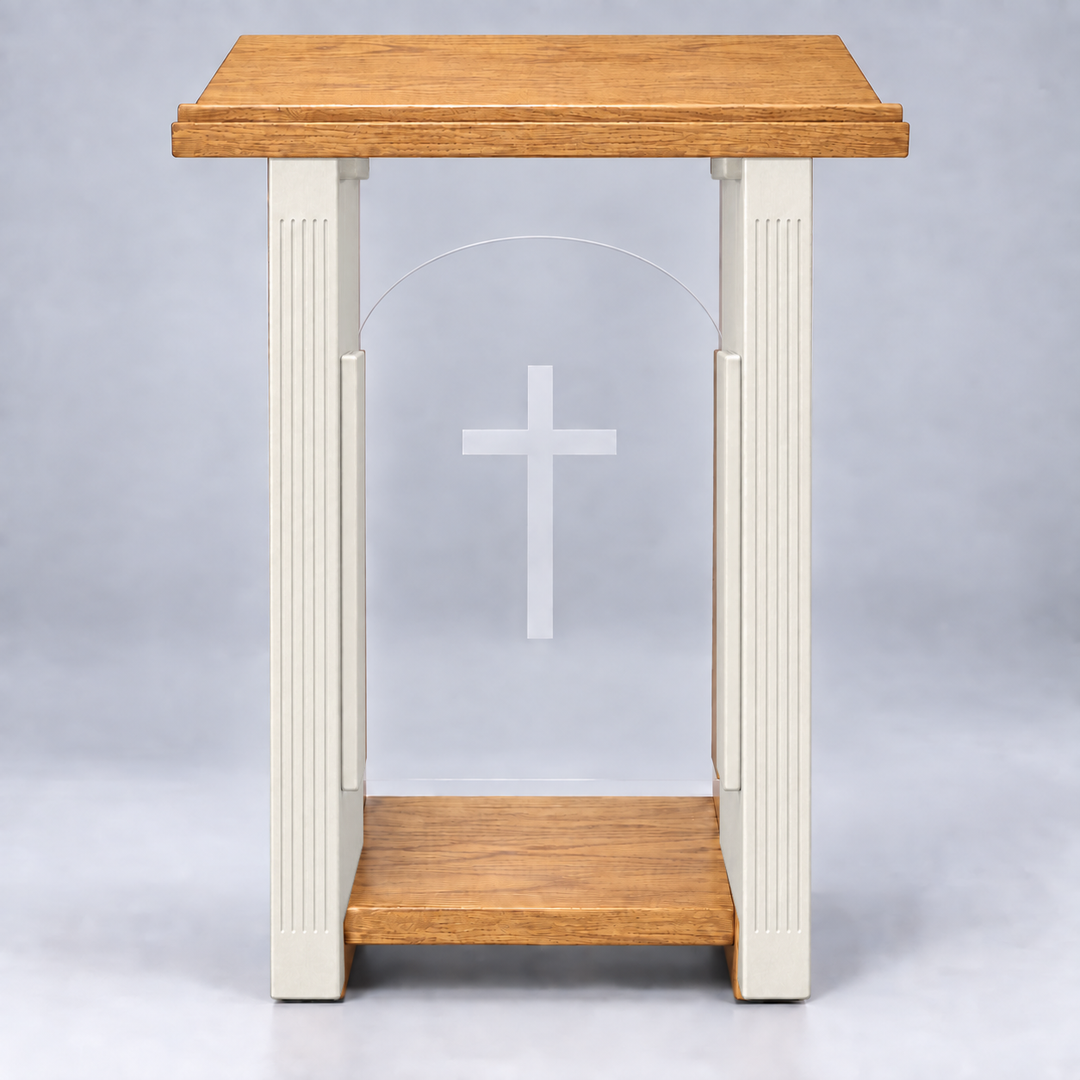 Solid Oak and Acrylic Pulpit with Fluted Legs: P103 in Light Oak, White w/Stained Top & Base #pdvariant