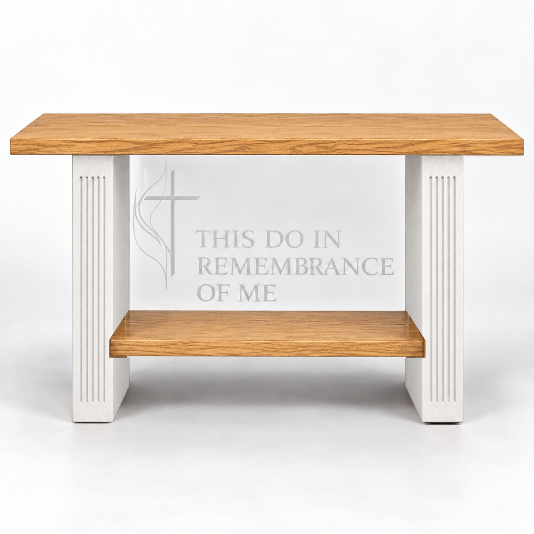 Solid Oak and Acrylic Communion Table with Fluted Legs: P203 in Light Oak, White w/Stained Top & Base #pdvariant