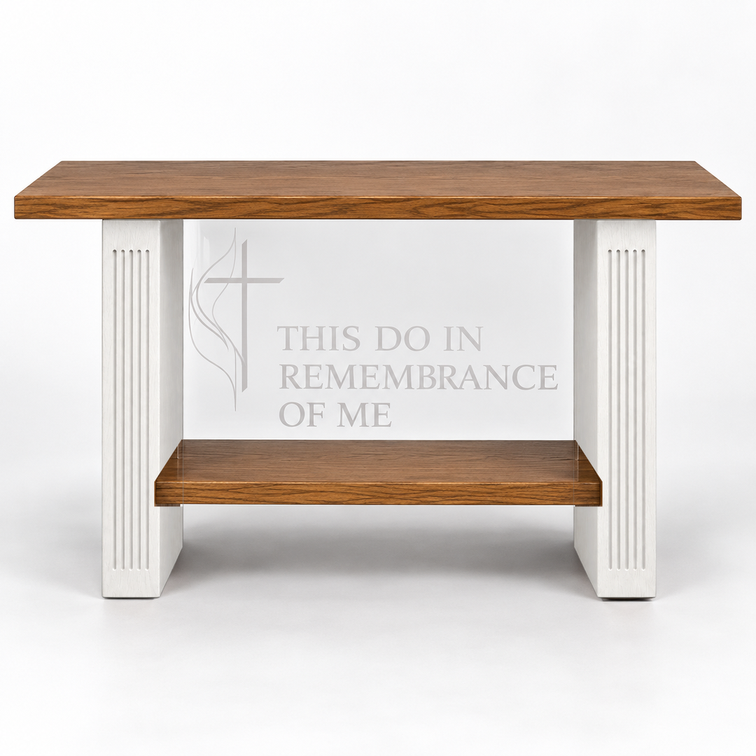 P203 communion table — Medium Oak #43 with white painted legs
