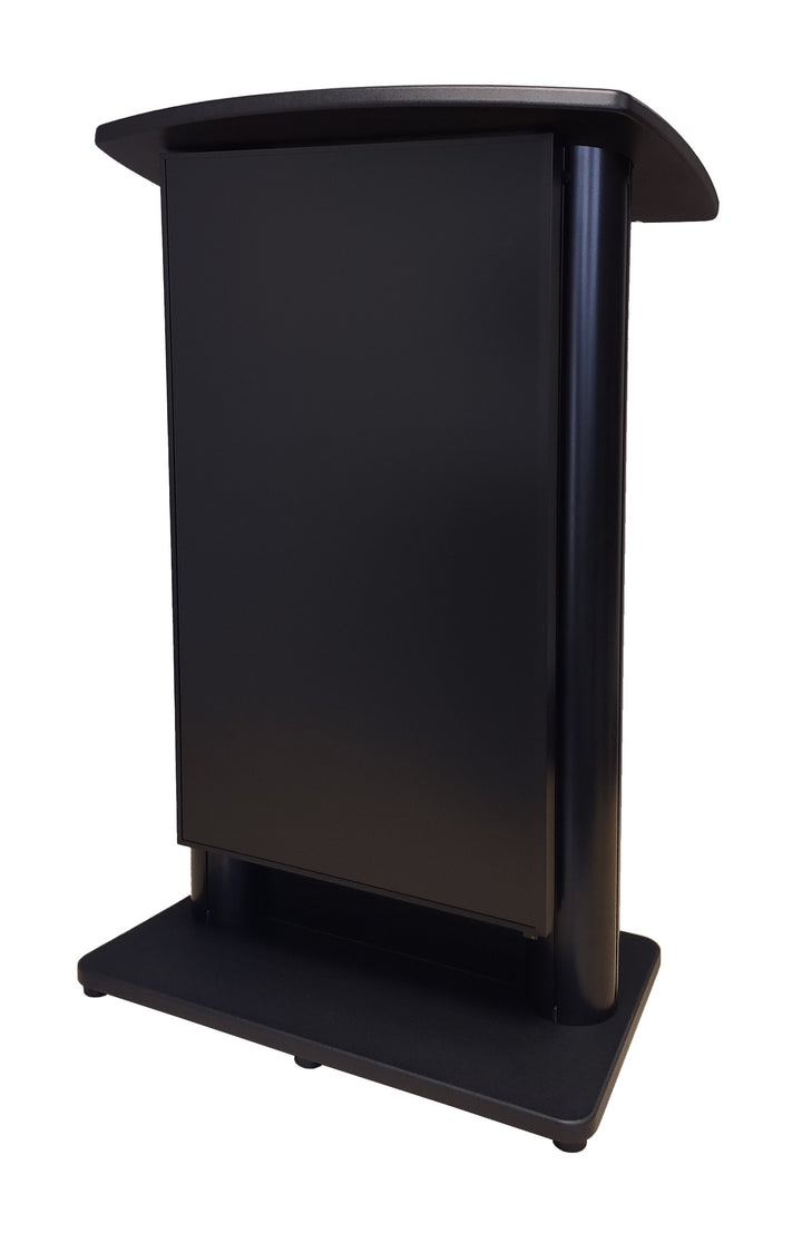 CS2 digital display lectern, black frame, angled front view
