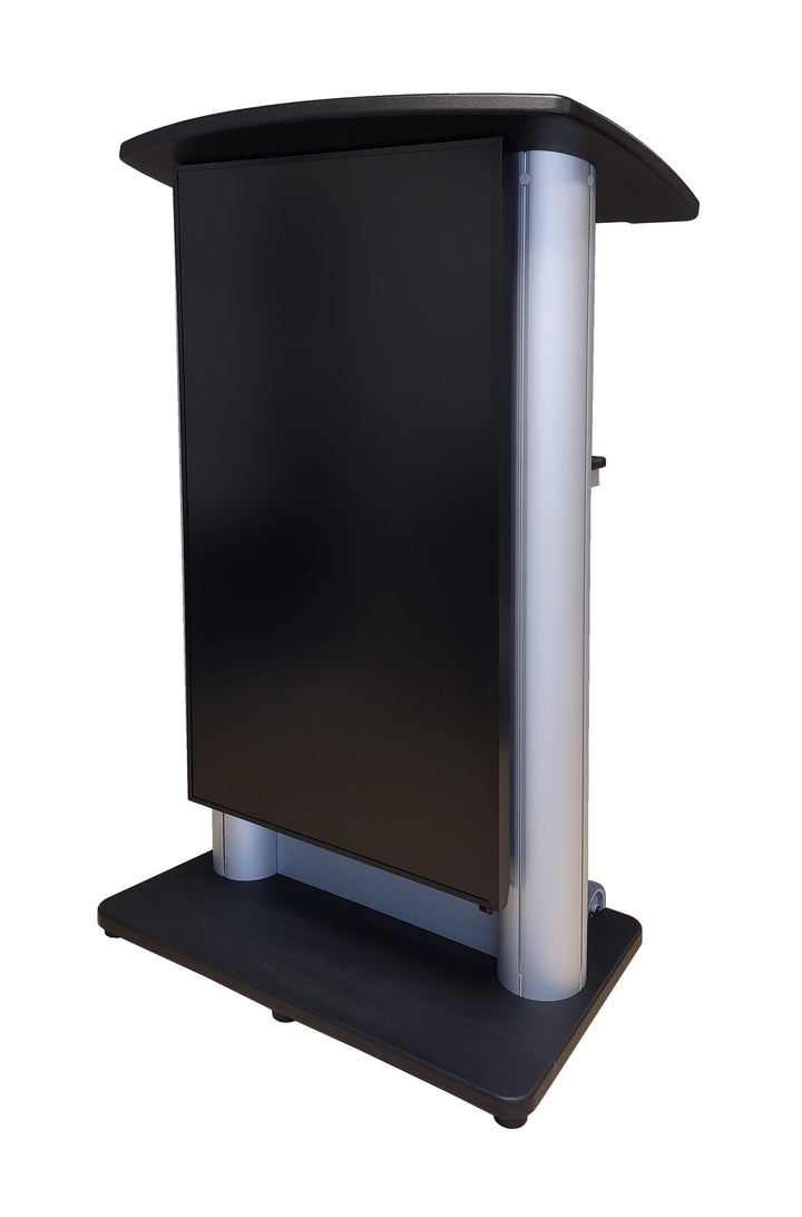CS2 digital display lectern, silver frame, angled front view