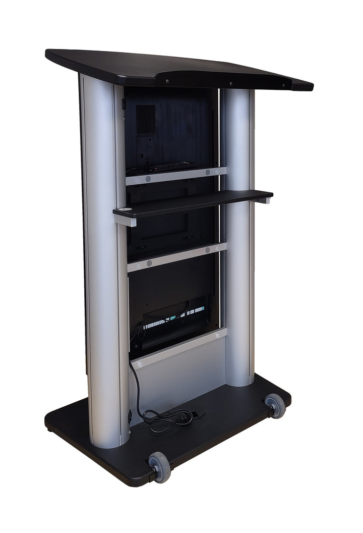CS2 digital display lectern, silver frame, speaker side with shelf