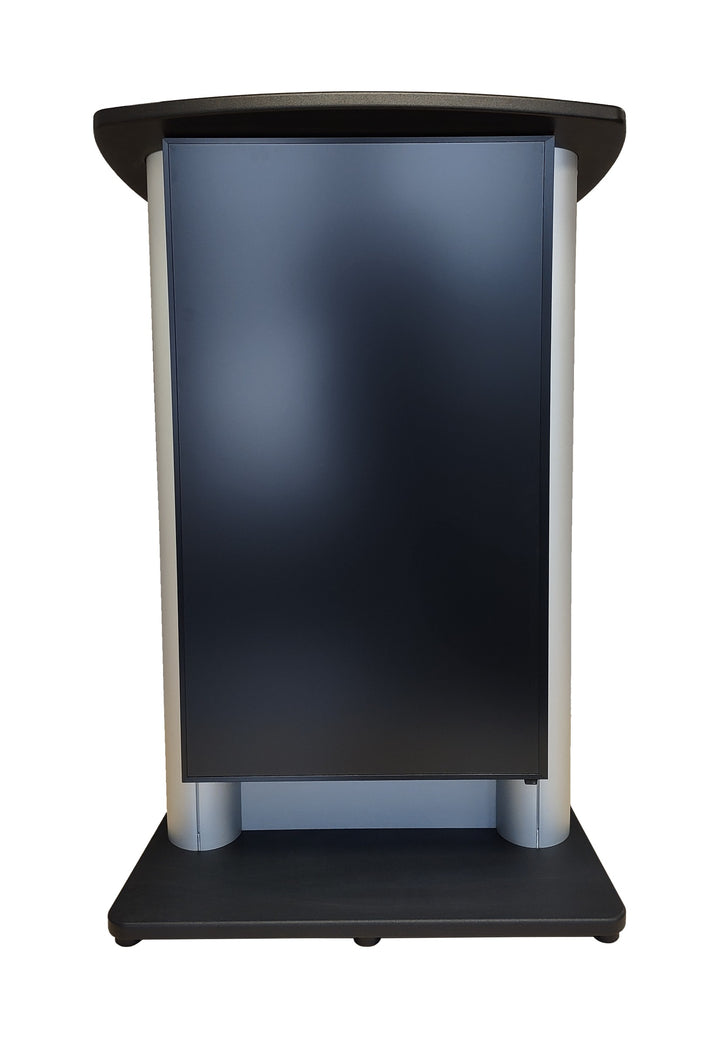 CS2 digital display lectern, silver frame, front view of the 43 inch screen