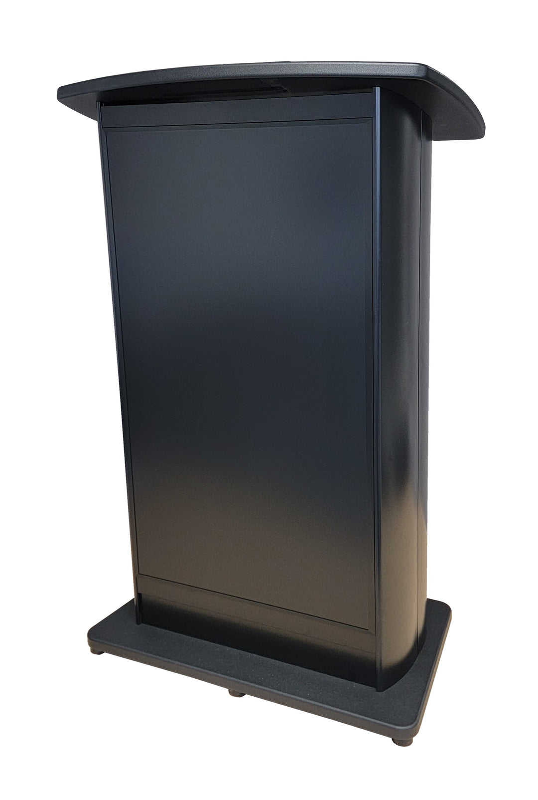 H2W digital display lectern, black frame, angled front view