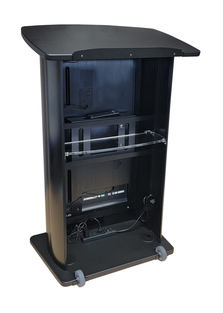 H2W digital display lectern, black frame, speaker side with interior shelf