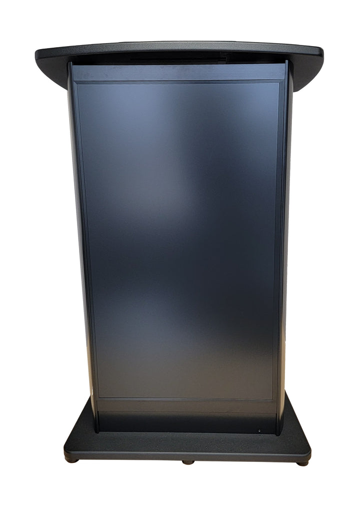 H2W digital display lectern, black frame, front view of the 43 inch screen