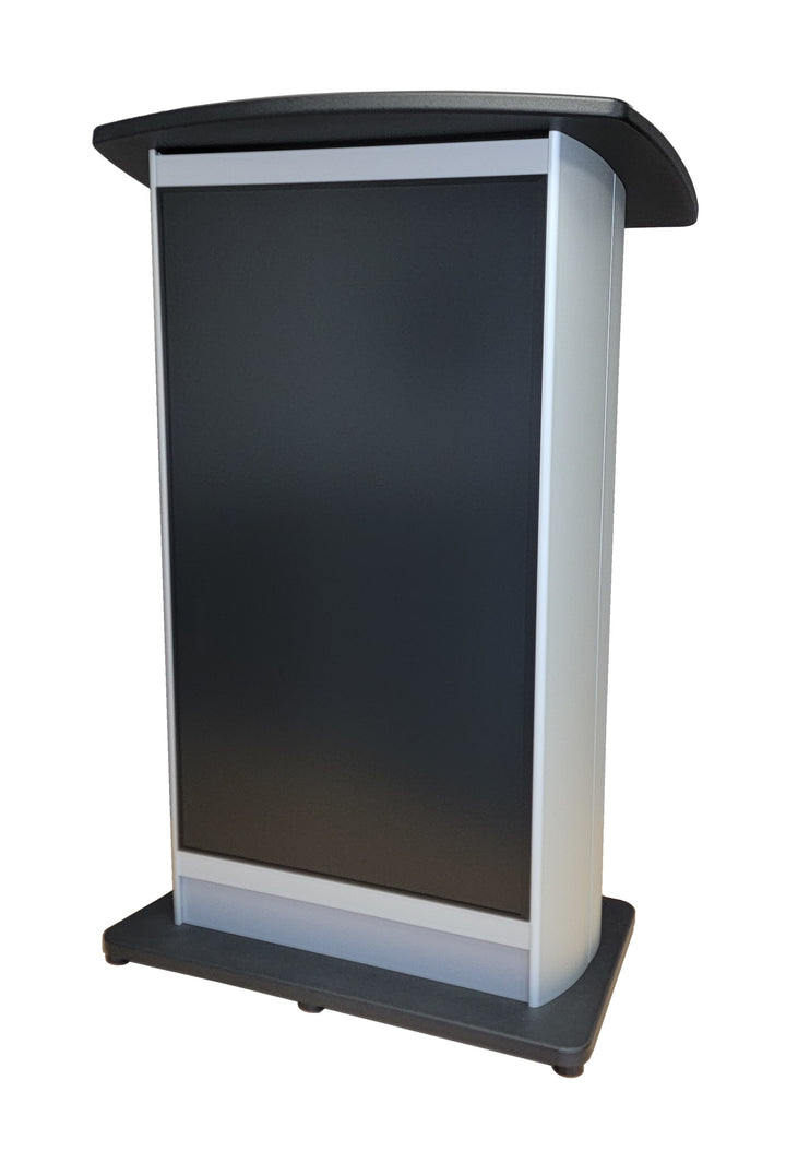 H2W digital display lectern, silver frame, angled front view