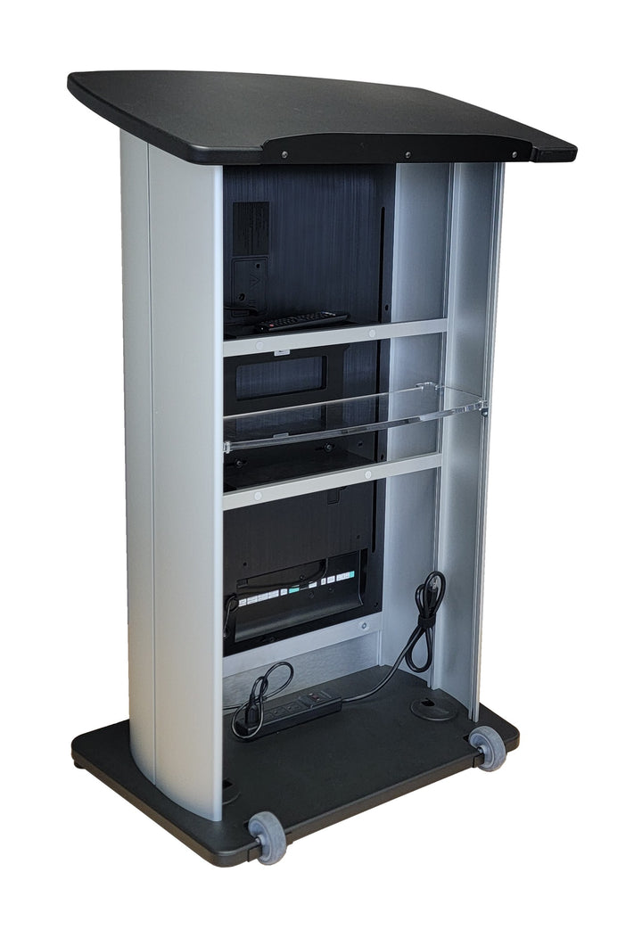 H2W digital display lectern, silver frame, speaker side with interior shelf