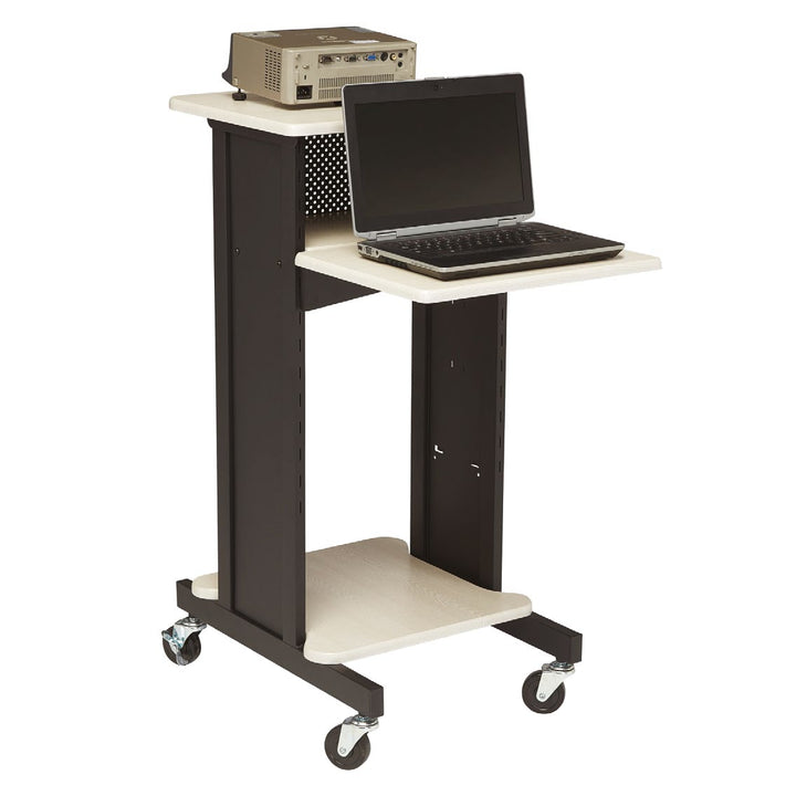 4-Shelf AV Presentation Cart with Power Strip: PRC200, ivory woodgrain, in use with projector and laptop