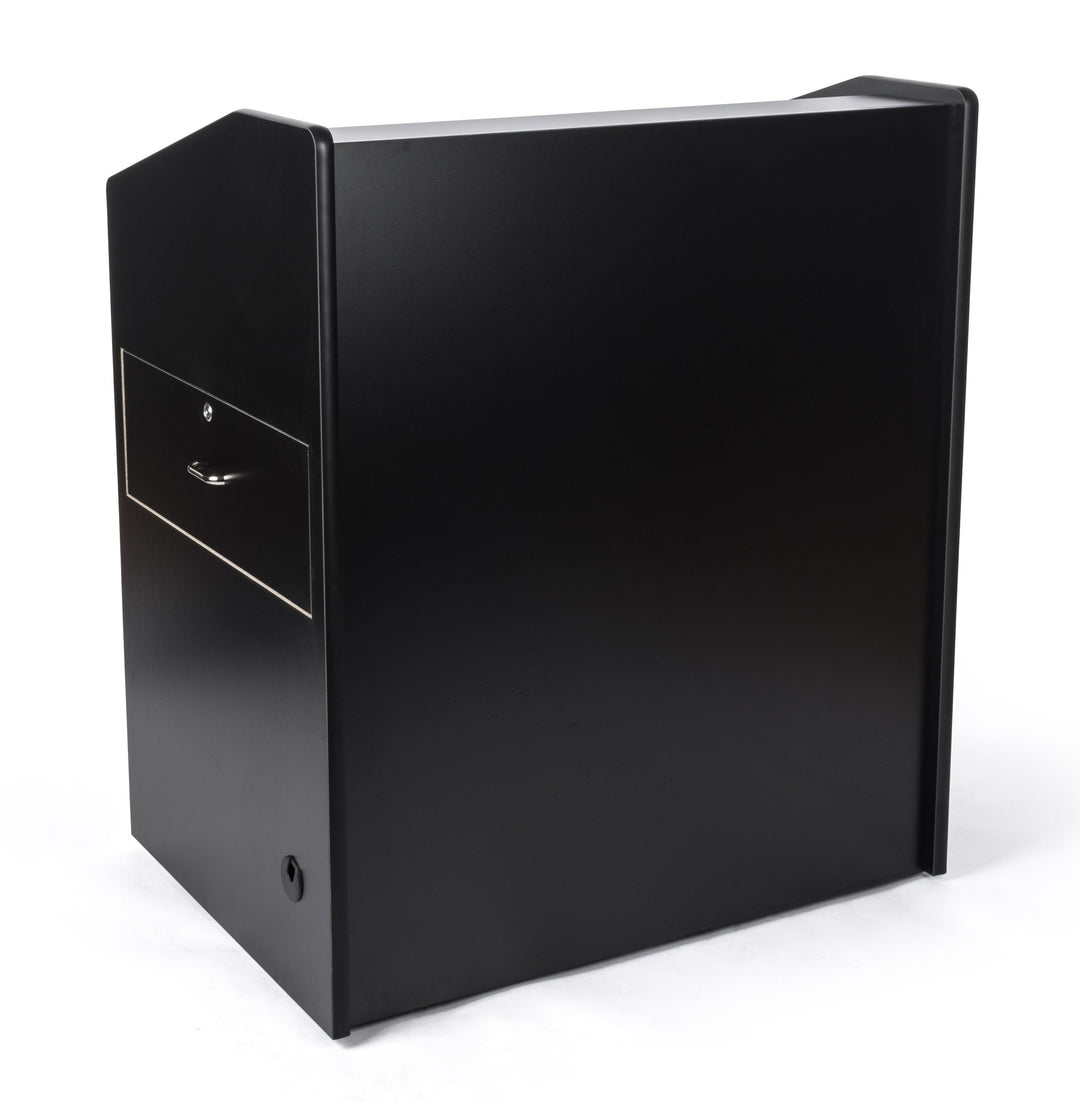 Rolling Multimedia Lectern with Locking Cabinet and Keyboard Shelf, black, audience side