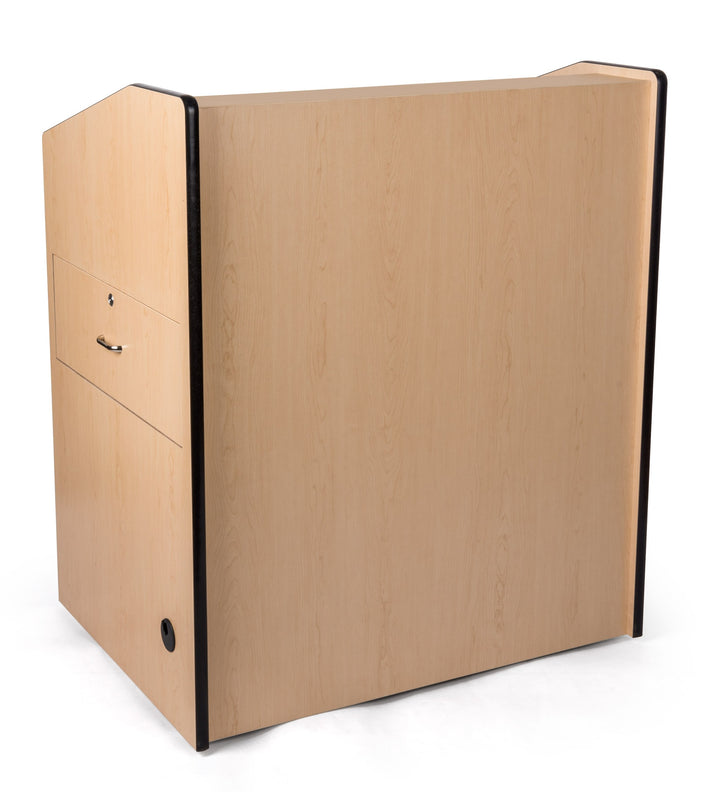 Rolling Multimedia Lectern with Locking Cabinet and Keyboard Shelf, maple, audience side