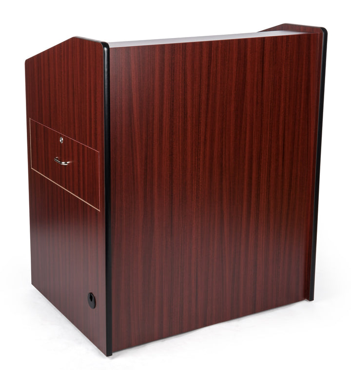 Rolling Multimedia Lectern with Locking Cabinet and Keyboard Shelf, mahogany, audience side