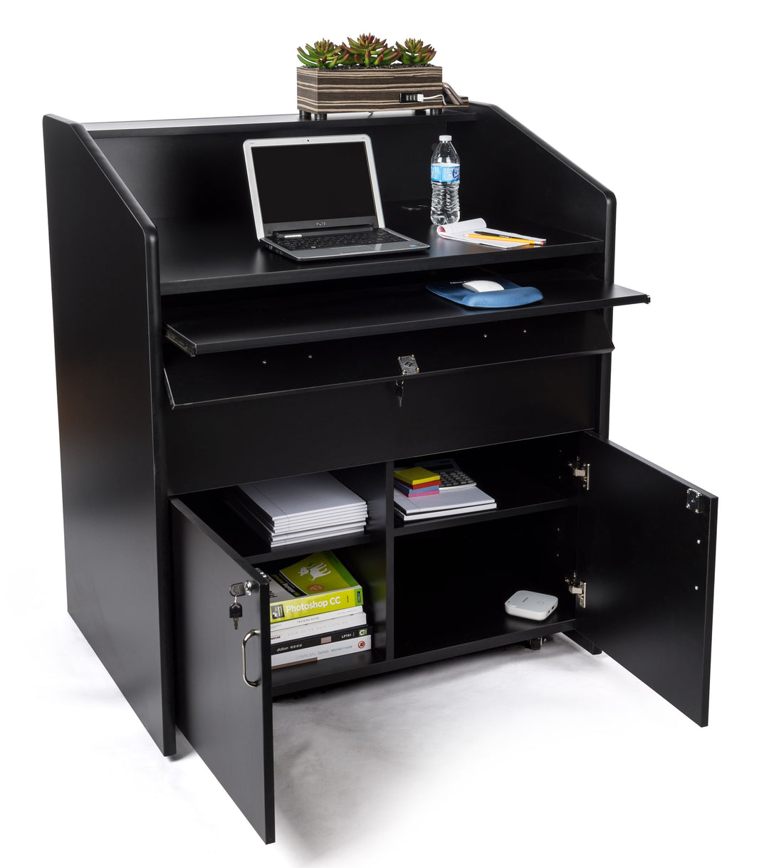 Rolling Multimedia Lectern with Locking Cabinet and Keyboard Shelf, black, cabinet open with equipment