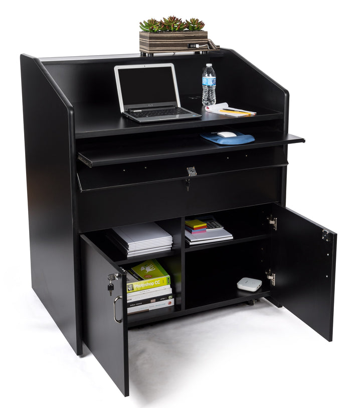 Rolling Multimedia Lectern with Locking Cabinet and Keyboard Shelf, black, cabinet open with equipment