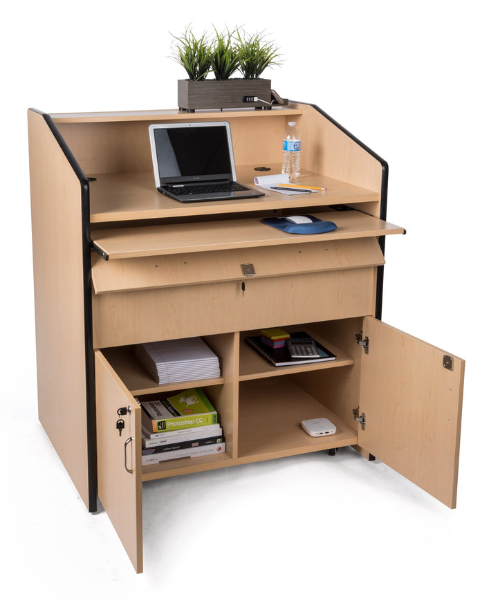 Rolling Multimedia Lectern with Locking Cabinet and Keyboard Shelf, maple, cabinet open with equipment