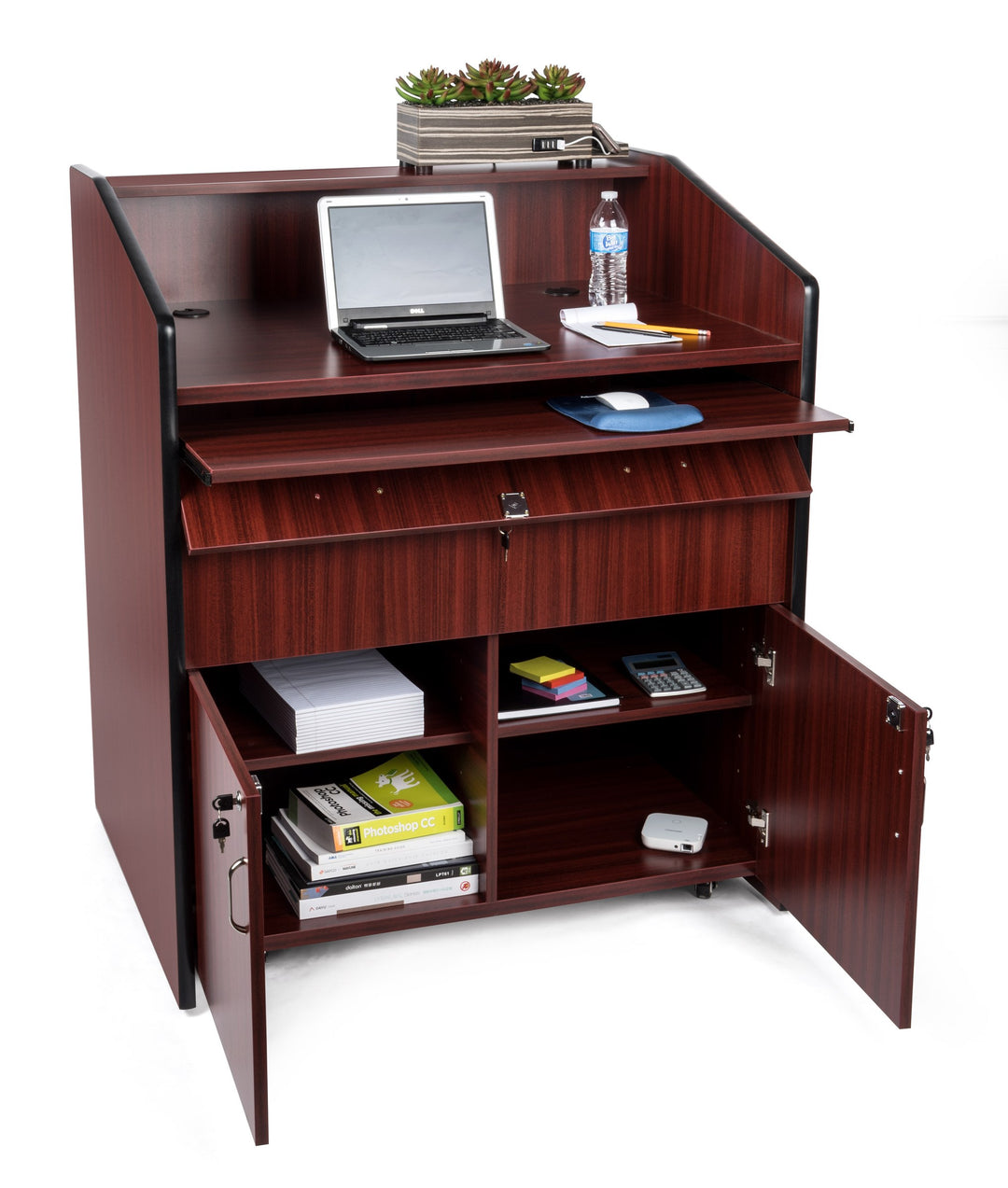 Rolling Multimedia Lectern with Locking Cabinet and Keyboard Shelf, mahogany, cabinet open with equipment
